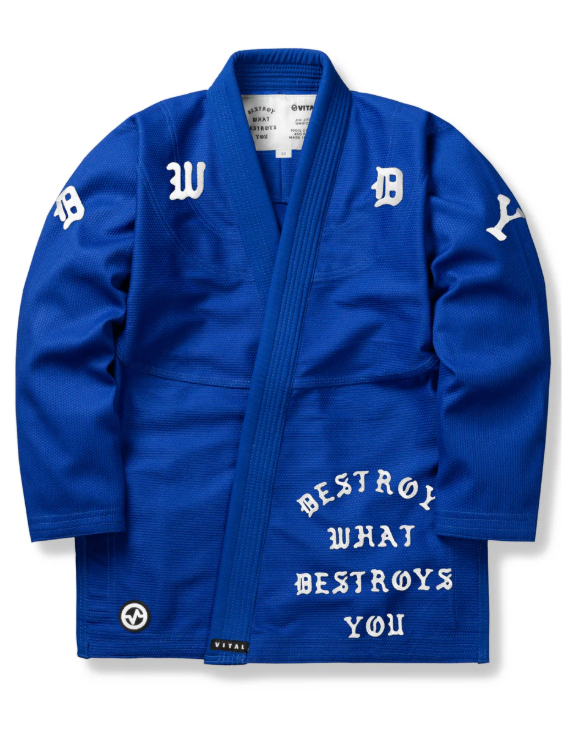 Синее кимоно для BJJ Vital с белой готической вышивкой